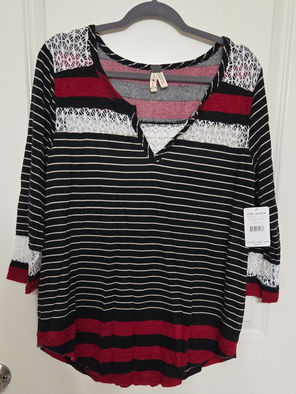 We The Free Black, White & Wine Striped Lace-Trim V-Notch Long Sleeve Tee
